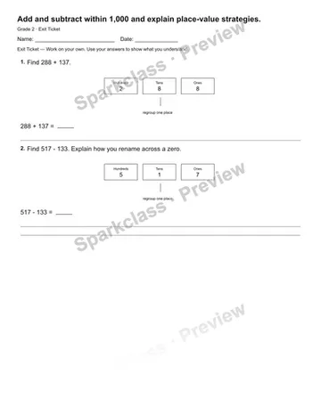 Add and subtract within 1,000 and explain place-value strategies. — Exit Ticket — Grade 2 worksheet preview