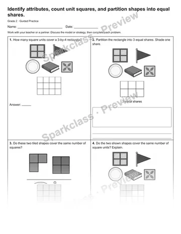 Identify attributes, count unit squares, and partition shapes into equal shares. — Guided Practice — Grade 2 worksheet preview