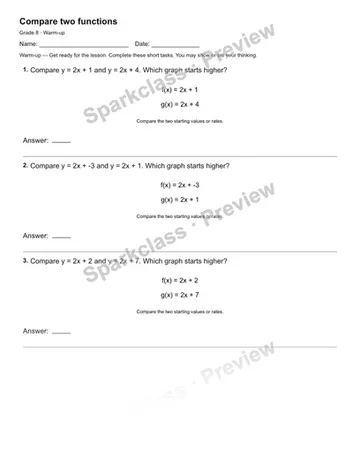 Compare two functions — Warm-up — Grade 8 worksheet preview