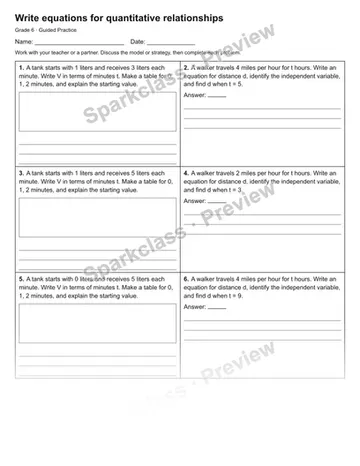 Write equations for quantitative relationships — Guided Practice — Grade 6 worksheet preview