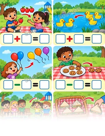 Addition and Subtraction · Picture Stories — Kindergarten worksheet preview