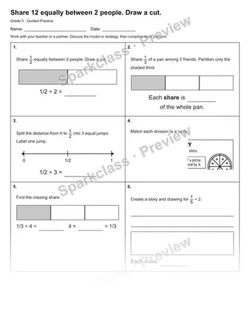 Share 12 equally between 2 people. Draw a cut. — Guided Practice — Grade 5 worksheet preview