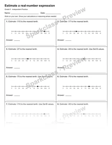 Estimate a real-number expression — Independent Practice — Grade 8 worksheet preview