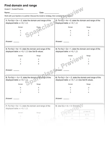Find domain and range — Guided Practice — Grade 8 worksheet preview
