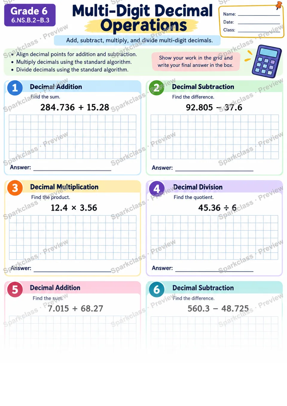 Multi Digit Decimal Operations — page 1