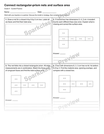 Connect rectangular-prism nets and surface area — Guided Practice — Grade 6 worksheet preview