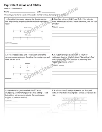 Equivalent ratios and tables — Guided Practice — Grade 6 worksheet preview