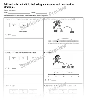 Add and subtract within 100 using place-value and number-line strategies. — Homework — Grade 2 worksheet preview