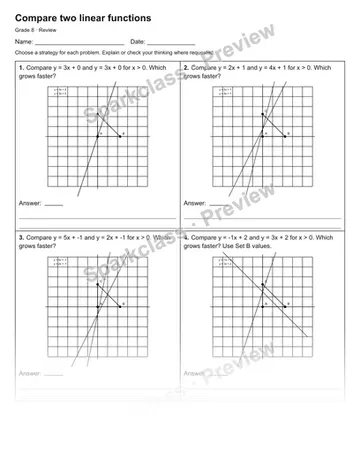 Compare two linear functions — Review — Grade 8 worksheet preview