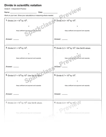 Divide in scientific notation — Independent Practice — Grade 8 worksheet preview
