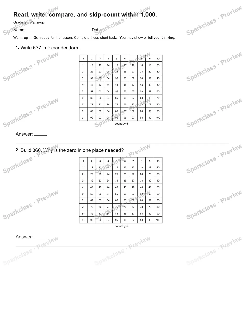 Read, write, compare, and skip-count within 1,000. — Warm-up — page 2