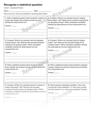 Recognize a statistical question — Independent Practice — Grade 6 worksheet preview