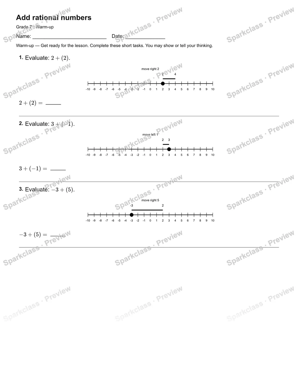 Add rational numbers — Warm-up — page 1