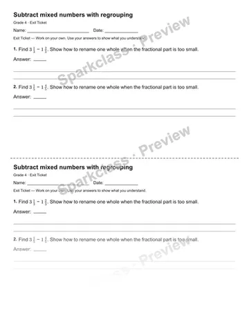 Subtract mixed numbers with regrouping — Exit Ticket — Grade 4 worksheet preview
