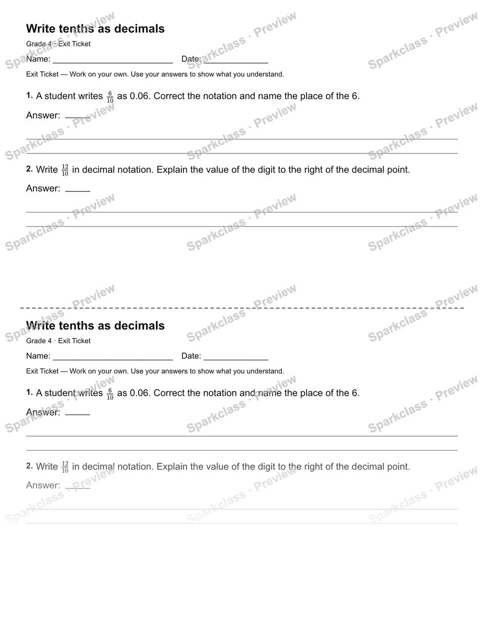 Write tenths as decimals — Exit Ticket — page 1