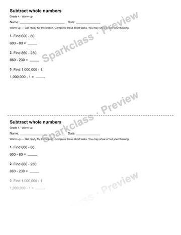 Subtract whole numbers — Warm-up — Grade 4 worksheet preview