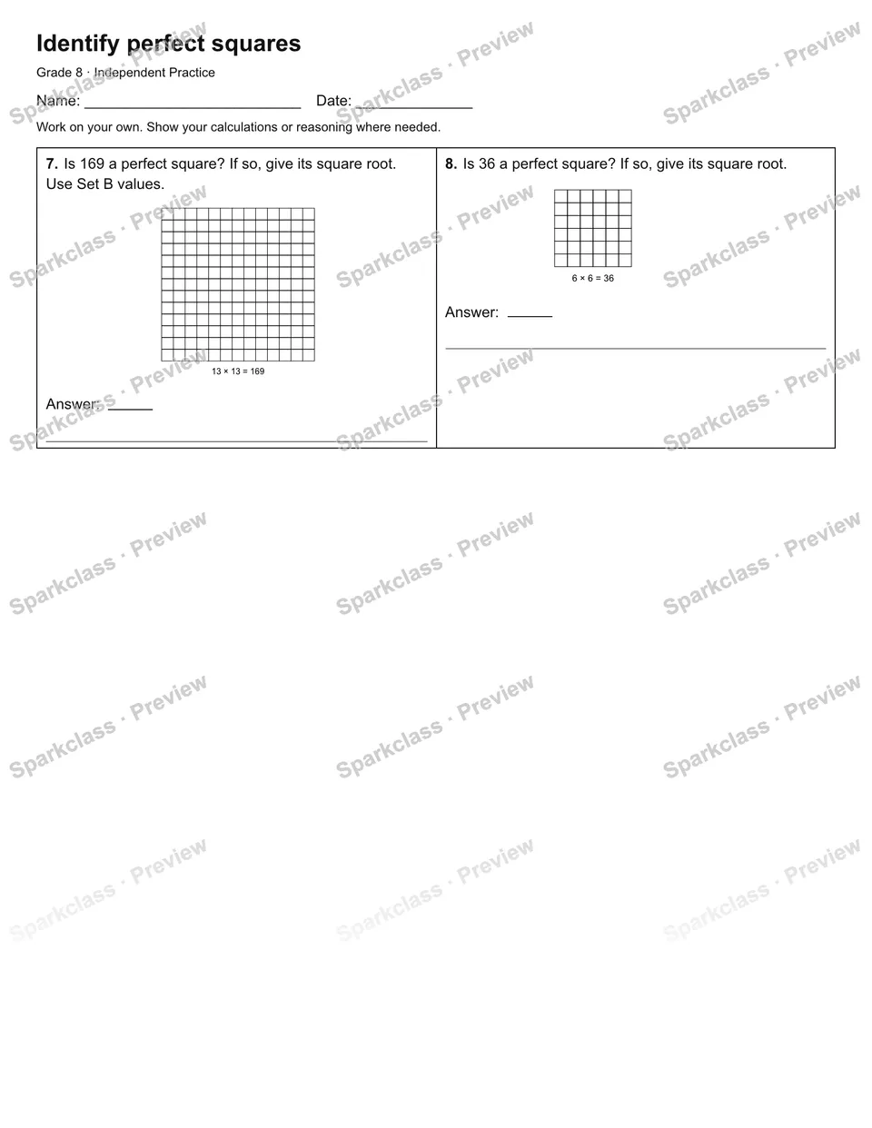 Identify perfect squares — Independent Practice — page 2