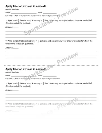Apply fraction division in contexts — Exit Ticket — Grade 6 worksheet preview