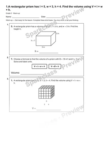 1.A rectangular prism has l = 5, w = 3, h = 4. Find the volume using V = l × w × h. — Warm-up — Grade 5 worksheet preview
