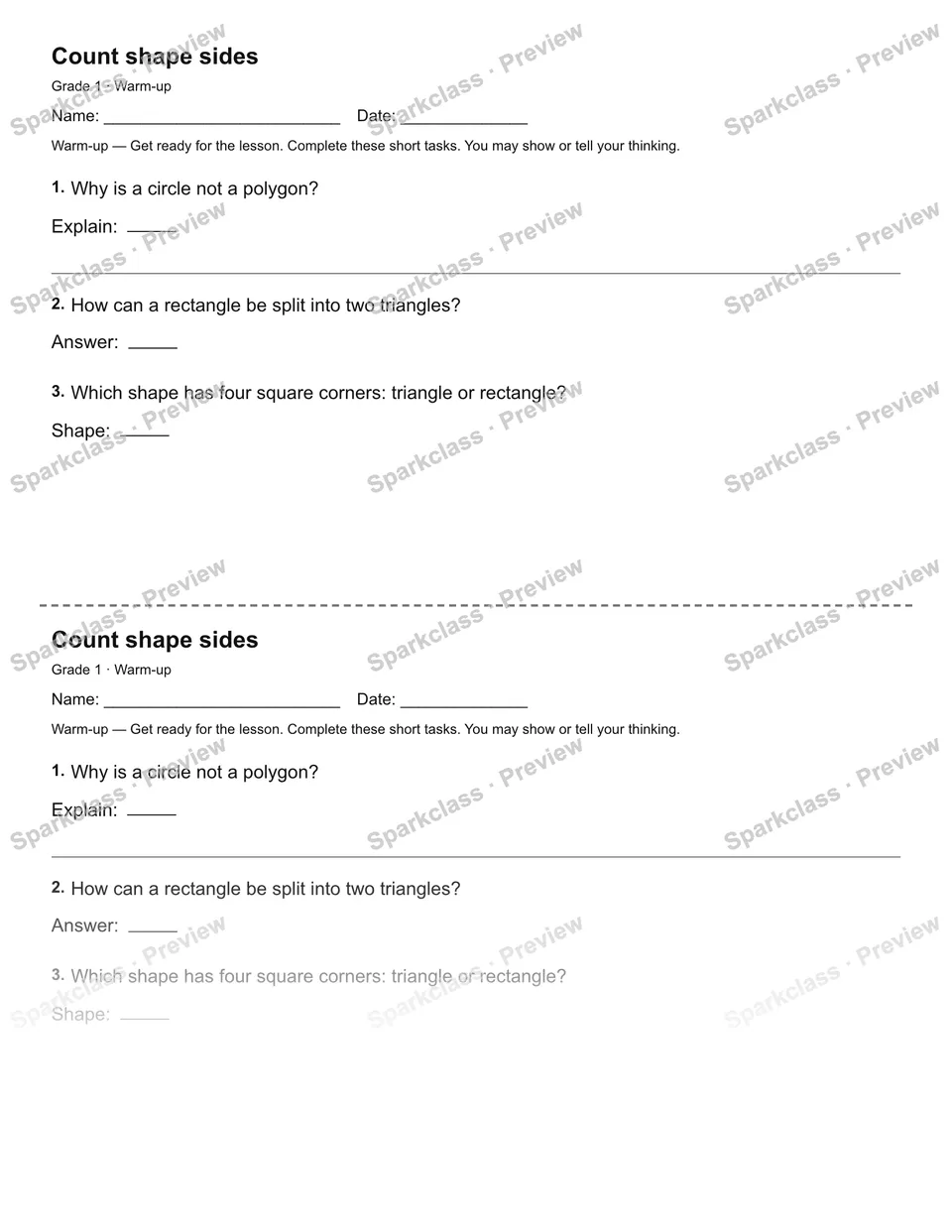 Count shape sides — Warm-up — page 1