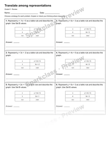 Translate among representations — Review — Grade 8 worksheet preview