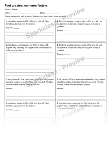 Find greatest common factors — Review — Grade 6 worksheet preview
