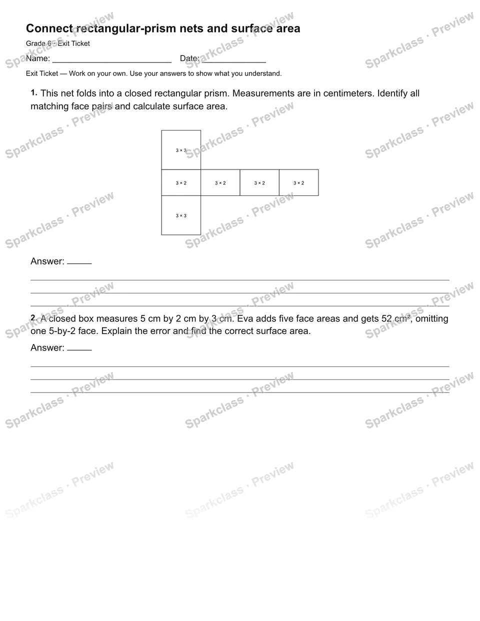 Connect rectangular-prism nets and surface area — Exit Ticket — page 2