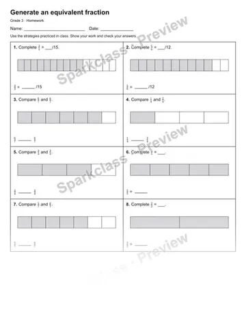 Generate an equivalent fraction — Homework — Grade 3 worksheet preview