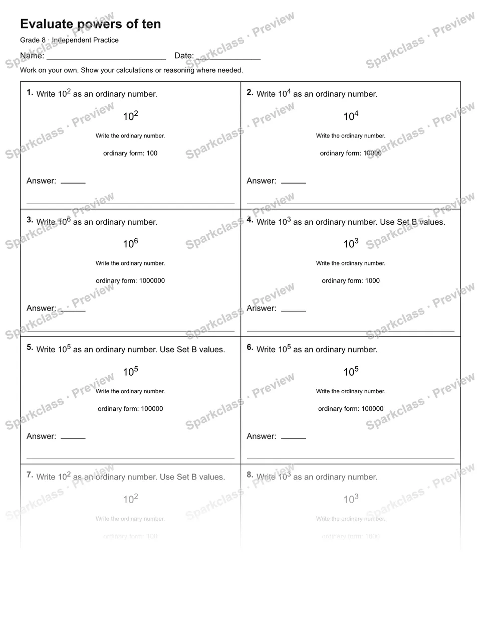 Evaluate powers of ten — Independent Practice — page 1