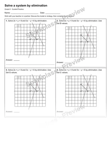 Solve a system by elimination — Guided Practice — Grade 8 worksheet preview
