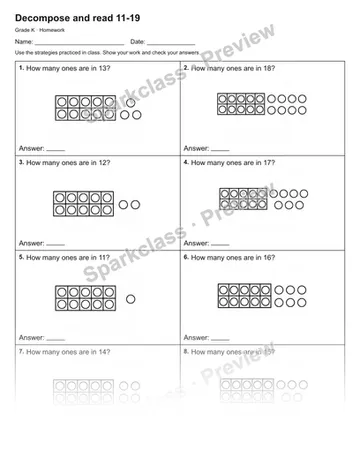 Decompose and read 11-19 — Homework — Kindergarten worksheet preview