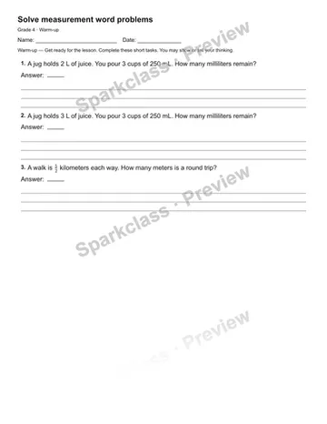 Solve measurement word problems — Warm-up — Grade 4 worksheet preview