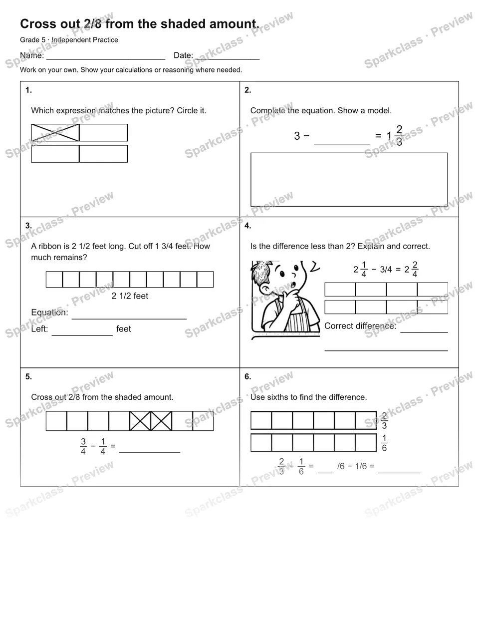 Cross out 2/8 from the shaded amount. — Independent Practice — page 1