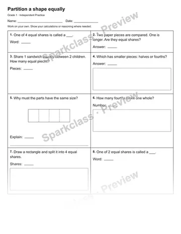 Partition a shape equally — Independent Practice — Grade 1 worksheet preview