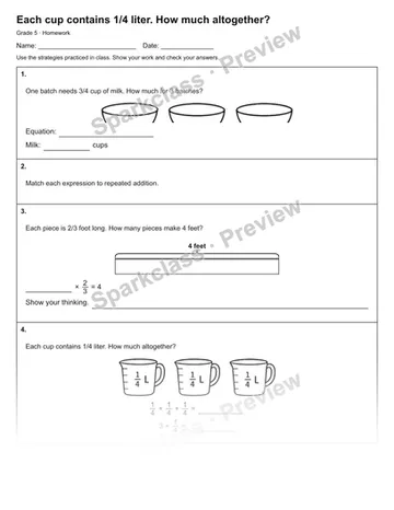 Each cup contains 1/4 liter. How much altogether? — Homework — Grade 5 worksheet preview