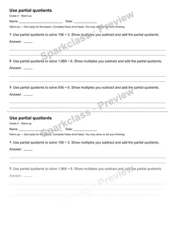 Use partial quotients — Warm-up — Grade 4 worksheet preview