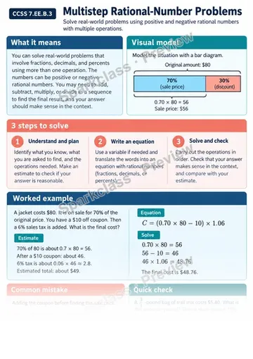 Knowledge Guide · Multistep problems with rational numbers — Grade 7 worksheet preview