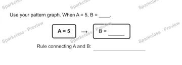 Use your pattern graph. When A = 5, B = ____. A = 5 → B = Rule connecting A and B: — Grade 5 problem preview