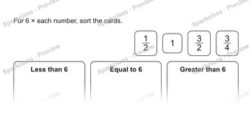 For 6 × each number, sort the cards. 1/2 1 3/2 3/4 Less than 6 Equal to 6 Greater than 6 — Grade 5 problem preview