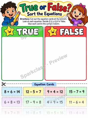 Equation Sort — Grade 1 worksheet preview