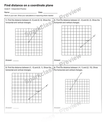 Find distance on a coordinate plane — Independent Practice — Grade 8 worksheet preview