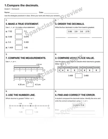 1.Compare the decimals. — Homework — Grade 5 worksheet preview