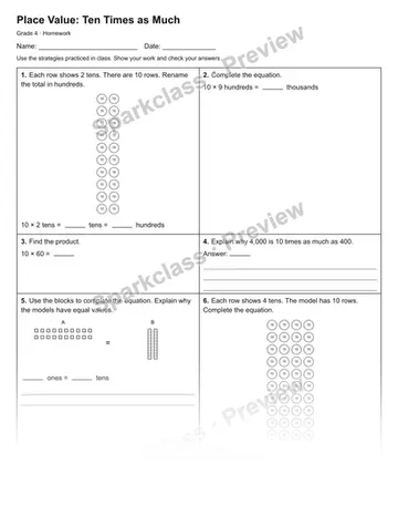Place Value: Ten Times as Much — Homework — Grade 4 worksheet preview