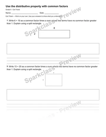 Use the distributive property with common factors — Exit Ticket — Grade 6 worksheet preview