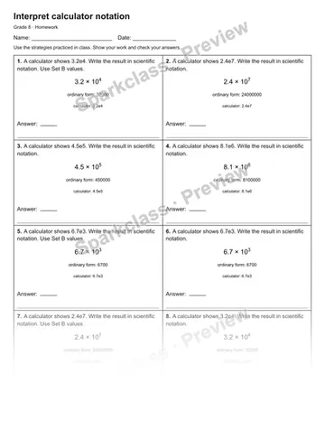 Interpret calculator notation — Homework — Grade 8 worksheet preview