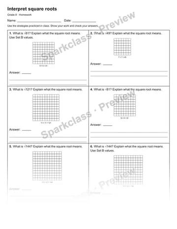 Interpret square roots — Homework — Grade 8 worksheet preview