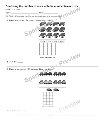 Confusing the number of rows with the number in each row. — Exit Ticket — Grade 2 worksheet preview