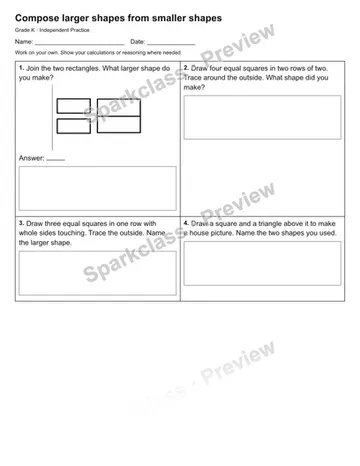 Compose larger shapes from smaller shapes — Independent Practice — Kindergarten worksheet preview