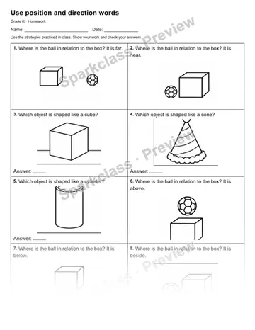Use position and direction words — Homework — Kindergarten worksheet preview