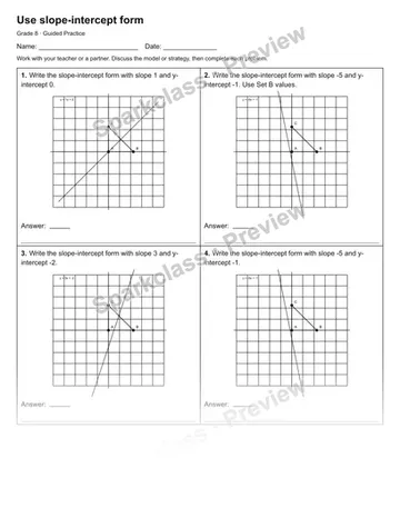 Use slope-intercept form — Guided Practice — Grade 8 worksheet preview